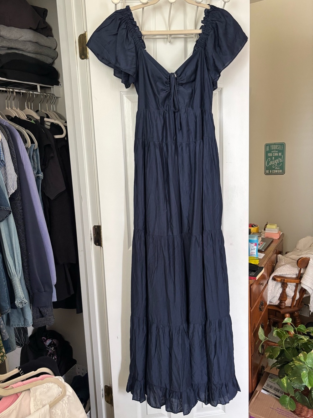 Baltic Born Navy Tiered Maxi Dress with Ruffle Sleeves